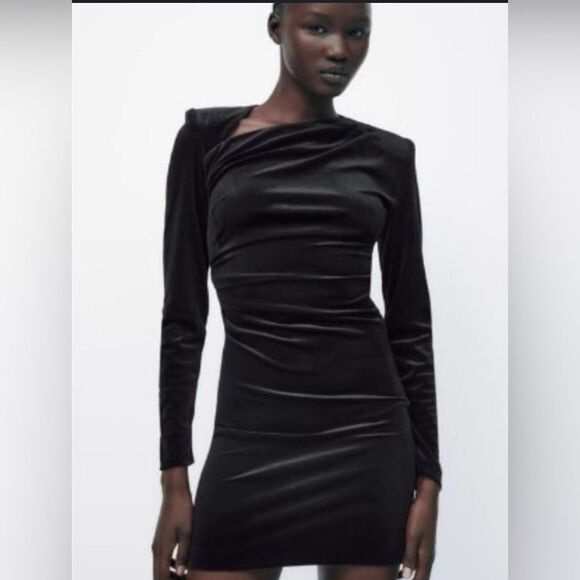 Like New Black Zara Velvet Mini Dress Long Sleeve Asymmetric Neckline xsmall - Picture 1 of 8